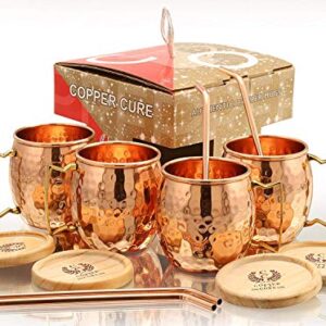 (Gift Set) Pure Copper Hammered Mugs with Copper Straws & Wooden Coasters Set of 4 - PREMIUM QUALITY -16 Oz Copper Cups - 100% Handcrafted - A Gift Pack for your loved Ones