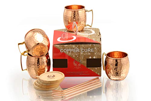 (Gift Set) Pure Copper Hammered Mugs with Copper Straws & Wooden Coasters Set of 4 - PREMIUM QUALITY -16 Oz Copper Cups - 100% Handcrafted - A Gift Pack for your loved Ones