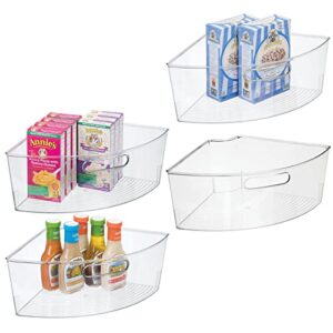 mdesign kitchen cabinet plastic lazy susan storage turntable organizer bins w/built-in handle - large triangle corner dividers for pantry - 1/4 wedge, 6" deep - ligne collection - 4 pack - clear