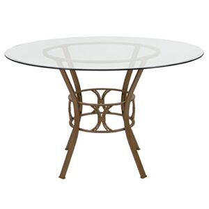 Flash Furniture Carlisle Round Glass Dining Table with Metal Frame, 48 in, Clear/Matte Gold