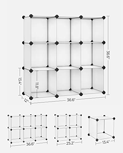 SONGMICS Cube Organizer, 9-Cube Book Shelf, DIY Plastic Closet Cabinet, Modular Bookcase, Storage Shelving for Living Room, Office, 36.6 x 12.2 x 48.4 Inches, White