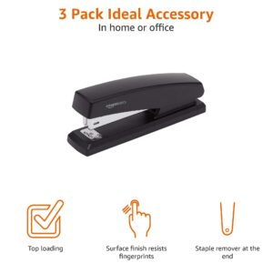Amazon Basics Stapler with 3750 Staples, Office Stapler, 25 Sheet Capacity, Non-Slip, Black, 3 Pack