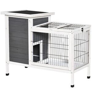 pawhut 36" rabbit hutch bunny cage small animal house with weatherproof roof romevable tray and enclosed run, indoor/outdoor