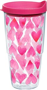 tervis pink hearts all over insulated tumbler with wrap and fuschia lid, 1 count (pack of 1), clear