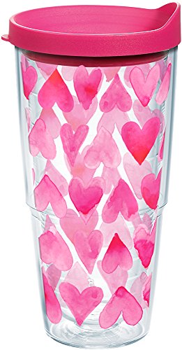 Tervis Pink Hearts All Over Insulated Tumbler with Wrap and Fuschia Lid, 1 Count (Pack of 1), Clear