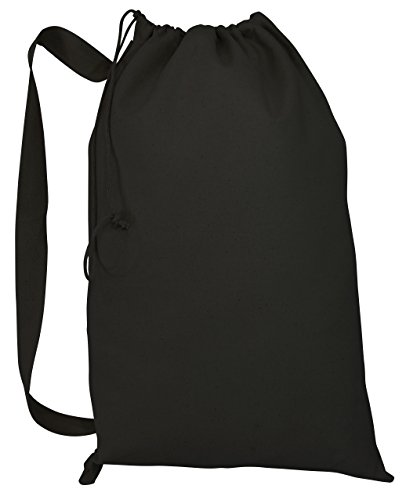 Laundry Bag w/Drawstring Closure Shoulder Straps Heavy Canvas for House, College (Black, Medium - 19"W x 27"H)