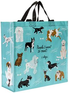 blue q shopper ~ people i want to meet: dogs. reusable grocery bag, sturdy, easy-to-clean, perfect for dog lovers, 15"h x 16"w x 6"d, made from 95% recycled material.