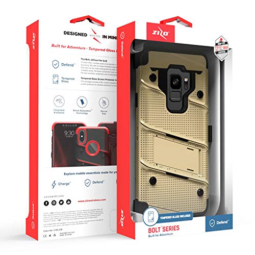 ZIZO Bolt Series for Samsung Galaxy S9 Case Military Grade Drop Tested with Tempered Glass Screen Protector Holster Gold Black