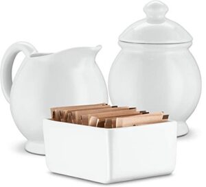 kook ceramic sugar & creamer set, 3 piece porcelain coffee serving set, milk pitcher, sugar bowl with lid and sweetener packet holder, dishwasher safe, white