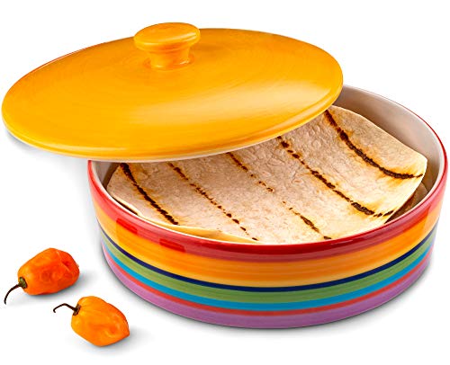 KooK Ceramic Tortilla Warmer, Colorful Design, Perfect for Pancakes, Holds up to 12 tortillas, 8.5 Inch Diameter, Taco warmer 40oz