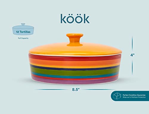 KooK Ceramic Tortilla Warmer, Colorful Design, Perfect for Pancakes, Holds up to 12 tortillas, 8.5 Inch Diameter, Taco warmer 40oz