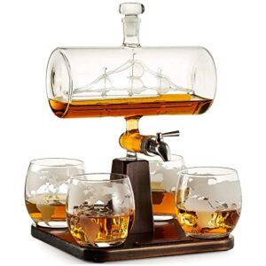 whiskey & wine decanter gifts for men & dad, ship decanter 1000ml, set with 4 globe drinking glasses - cool liquor dispenser for home bar unique birthday gift ideas from wife, daughter, son present