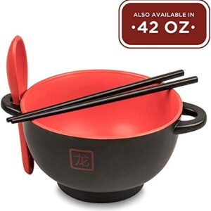 Japanese Ceramic Ramen Bowl Set - Ramen Noodles Bowl with Chopsticks & Soup Spoon - Red Dragon Japanese Food Dish Set - Asian Food Serving Dishes - Gift Set - Pho Soup Bowl - Asian Rice Bowls - 42 oz