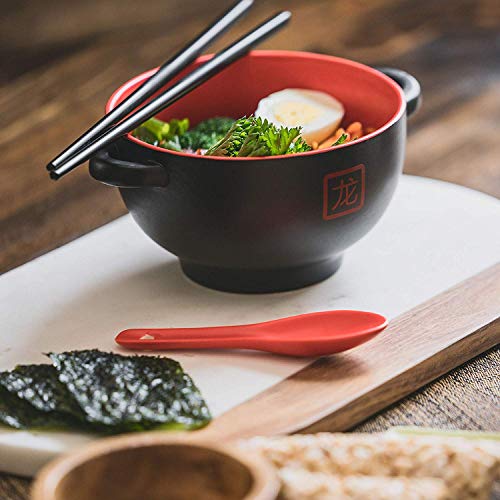 Japanese Ceramic Ramen Bowl Set - Ramen Noodles Bowl with Chopsticks & Soup Spoon - Red Dragon Japanese Food Dish Set - Asian Food Serving Dishes - Gift Set - Pho Soup Bowl - Asian Rice Bowls - 42 oz