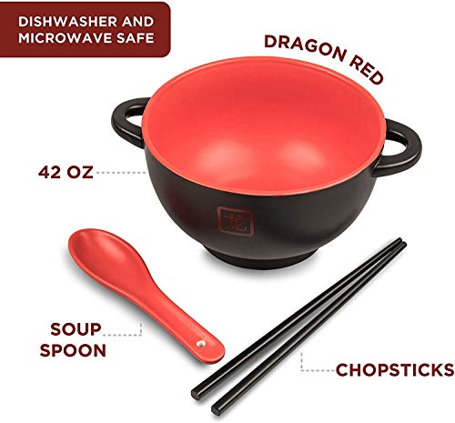 Japanese Ceramic Ramen Bowl Set - Ramen Noodles Bowl with Chopsticks & Soup Spoon - Red Dragon Japanese Food Dish Set - Asian Food Serving Dishes - Gift Set - Pho Soup Bowl - Asian Rice Bowls - 42 oz