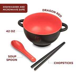 Japanese Ceramic Ramen Bowl Set - Ramen Noodles Bowl with Chopsticks & Soup Spoon - Red Dragon Japanese Food Dish Set - Asian Food Serving Dishes - Gift Set - Pho Soup Bowl - Asian Rice Bowls - 42 oz