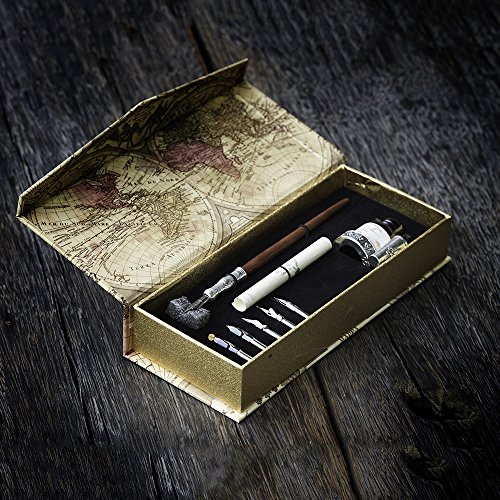 GC Antique Wooden Stem Pen Handcrafted Calligraphy Pen Set Dip Nib Pens-Writing Case With Black Ink Pen Holder Cartridges LL-18