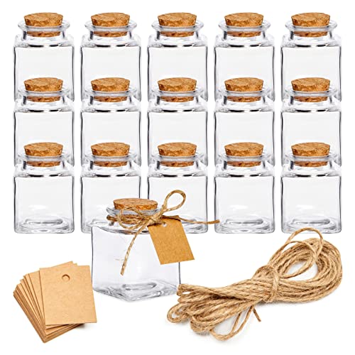 BLUE PANDA 15-Pack Mini Glass Jars with Cork Stoppers, Small Jars with Cork Jars for Gift Favors, Spices, Herbs, Glitter, DIY Crafts, with Twine and Blank Tags (1.7 oz/50ml)