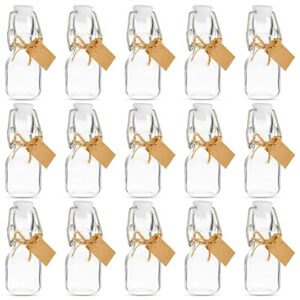 mini swing top glass bottles with lids, 2 oz flip open top glass bottles for wedding party favors, with kraft paper tags and jute twine (15 pack)