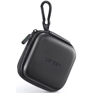 ugreen square earbud case, waterproof headphone case, hard eva shell earbud case pouch, earphone case accessory with carabiner, for earphone, earbud, earpieces, sd memory card, camera chips, black