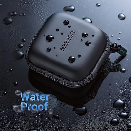 UGREEN Square Earbud Case, Waterproof Headphone Case, Hard EVA Shell Earbud Case Pouch, Earphone Case Accessory with Carabiner, for Earphone, Earbud, Earpieces, SD Memory Card, Camera Chips, Black