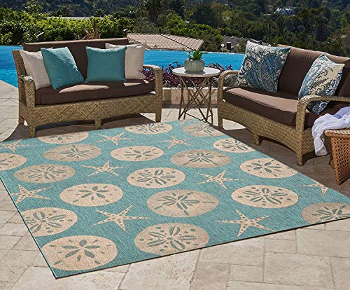 Gertmenian Indoor Outdoor Area Rug, Classic Flatweave, Washable, Stain & UV Resistant Carpet, Deck, Patio, Poolside & Mudroom, 5x7 Ft Standard, Sand Dollar Starfish, Oasis Green, 21268