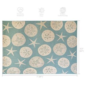 Gertmenian Indoor Outdoor Area Rug, Classic Flatweave, Washable, Stain & UV Resistant Carpet, Deck, Patio, Poolside & Mudroom, 5x7 Ft Standard, Sand Dollar Starfish, Oasis Green, 21268