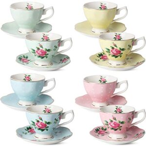 btat- floral tea cups and saucers, set of 8 (8 oz) multi-color with gold trim and gift box, coffee cups, floral tea cup set, british tea cups, porcelain tea set, latte cups