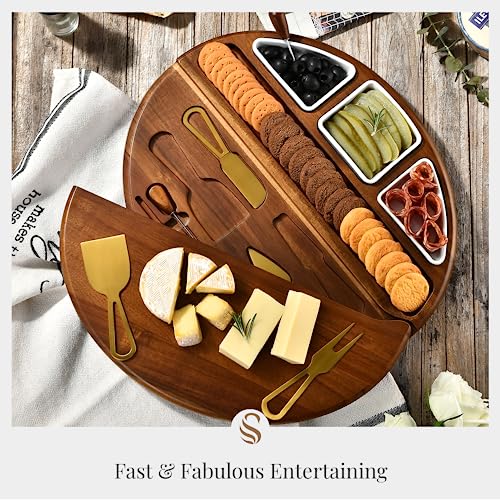 Shanik Upgraded Cheese Cutting Board Set, Acacia Wood Charcuterie Board Set, Cheese Serving Platter, Cheese Board and Utensil Set, 3 Knives, Ceramic Bowls - Gift for Any Occasion