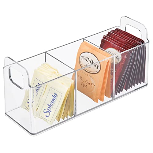 mDesign Plastic Condiment Organizer and Tea Bag Holder - 3-Compartment Kitchen Pantry/Countertop Storage Caddy - Divided Chip, Snack, Oatmeal Packet Holder - Lumiere Collection - Clear