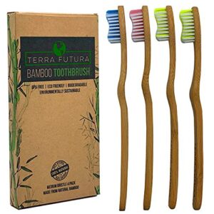 terra futura bamboo toothbrush 4 pack, ergonomic toothbrush. eco friendly, biodegradable & environmentally sustainable, bpa free bristles, eco compostable toothbrush