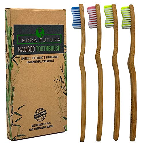 Terra Futura Bamboo Toothbrush 4 Pack, Ergonomic Toothbrush. Eco Friendly, Biodegradable & Environmentally Sustainable, BPA Free Bristles, Eco Compostable Toothbrush