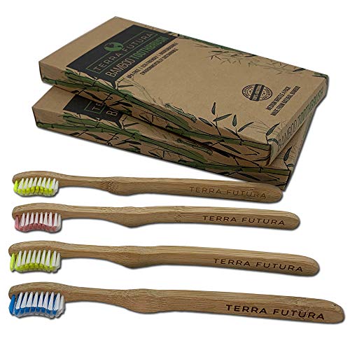 Terra Futura Bamboo Toothbrush 4 Pack, Ergonomic Toothbrush. Eco Friendly, Biodegradable & Environmentally Sustainable, BPA Free Bristles, Eco Compostable Toothbrush