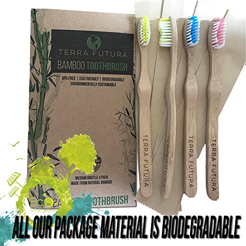 Terra Futura Bamboo Toothbrush 4 Pack, Ergonomic Toothbrush. Eco Friendly, Biodegradable & Environmentally Sustainable, BPA Free Bristles, Eco Compostable Toothbrush