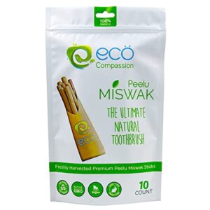 10 peelu miswak sticks for teeth by eco compassion, 100% natural toothbrush | eco friendly sewak chewing stick | best natural teeth whitening pen | whiter, fresher breath | a healthy manual toothbrush
