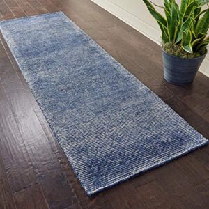 nourison weston solid aegean blue 2'3" x 7'6" area rug, easy-cleaning, non shedding, bed room, living room, dining room, kitchen (2x8)