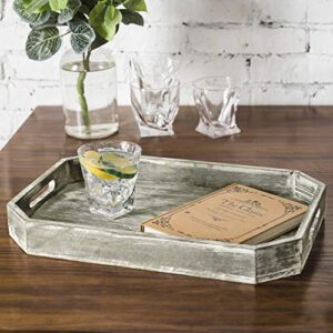 MyGift Gray Wood Serving Tray with Handles - Rustic Farmhouse Decor Breakfast, Ottoman, Coffee Table Decorative Tray with Angled Edges