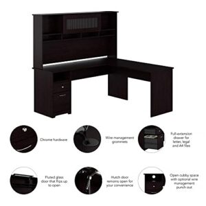 Bush Furniture Cabot 72W L Shaped Computer Desk with Hutch and Drawers in Espresso Oak