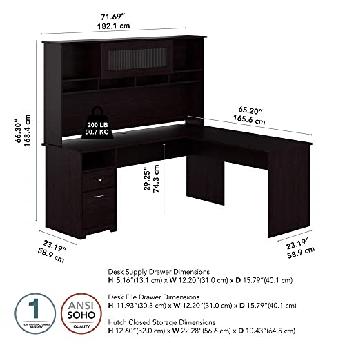 Bush Furniture Cabot 72W L Shaped Computer Desk with Hutch and Drawers in Espresso Oak