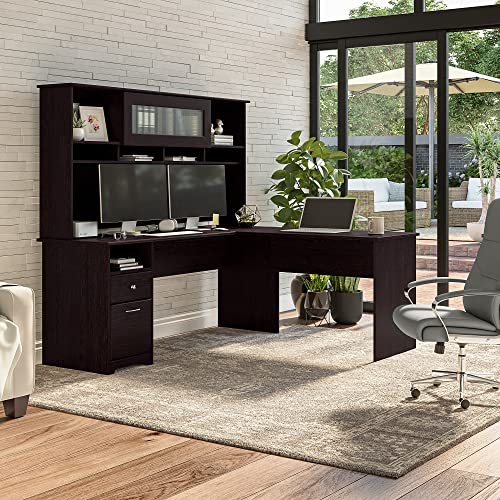 Bush Furniture Cabot 72W L Shaped Computer Desk with Hutch and Drawers in Espresso Oak