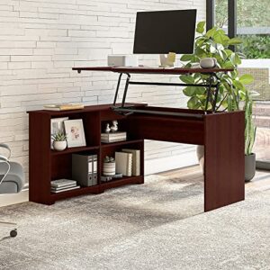 Bush Furniture Cabot 52W 3 Position Sit to Stand Corner Bookshelf Desk in Harvest Cherry