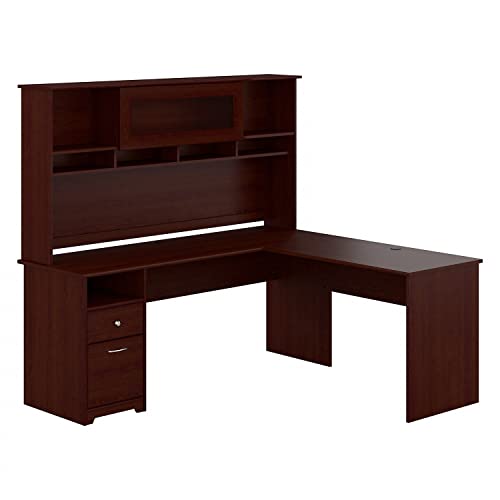 Bush Furniture Cabot 72W L Shaped Computer Desk with Hutch and Drawers in Harvest Cherry