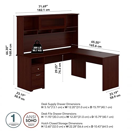 Bush Furniture Cabot 72W L Shaped Computer Desk with Hutch and Drawers in Harvest Cherry