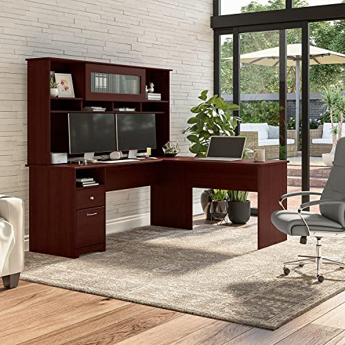 Bush Furniture Cabot 72W L Shaped Computer Desk with Hutch and Drawers in Harvest Cherry