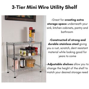 Internet's Best 3-Tier Mini Wire Utility Shelving - Chrome - Shelf - Adjustable Rack Unit - Kitchen Bathroom Pantry Laundry Storage - Under The Sink Organization - Organize Your Cabinets - SPI