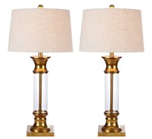 jonathan y jyl4000b-set2 set of 2 table lamps hunter 32" metal/glass led table lamp cottage rustic bedside desk nightstand lamp for bedroom living room office college bookcase, gold/clear
