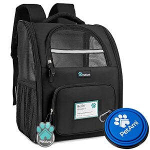 petami deluxe pet carrier backpack for small cats and dogs, puppies | ventilated design, two-sided entry, safety features and cushion back support | for travel, hiking, outdoor use (black)