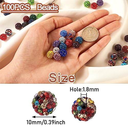 Beadthoven 100pcs 10mm Mixed Color Glass Rhinestone Clay Pave Round Beads, Disco Rhinestone Crystal Shamballa Beads for Jewelry Making (0Round-100pcs#