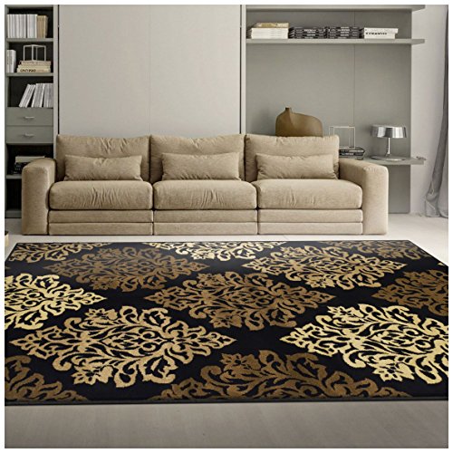 Superior Danvers Collection Area Rug, Modern Elegant Damask Pattern, 10mm Pile with Jute Backing, Affordable Contemporary Rugs - Black, 4' x 6' Rug