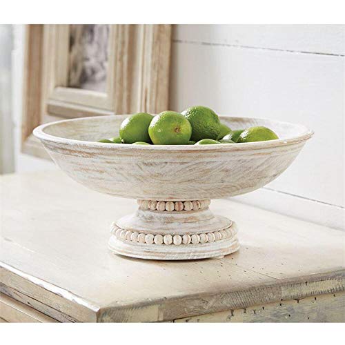 Mud Pie Beaded Wood Pedestal Bowl, White, 6" x 14" dia